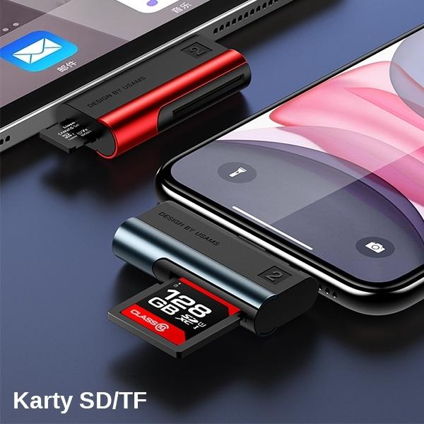Actual product image Usams Czytnik kart SD/microSD ze złączem lightning czerwony/red SJ430DKQ02 (US-SJ430) (Lightning)