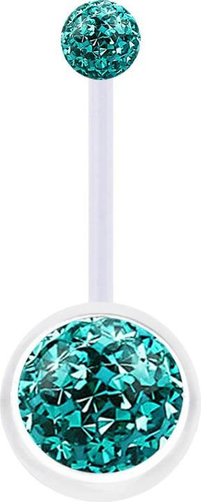 Star Piercing Banane transparent mit zwei Kristall Kugeln türkis Epoxy Schutzschicht (Bioflex, ohne Messing)