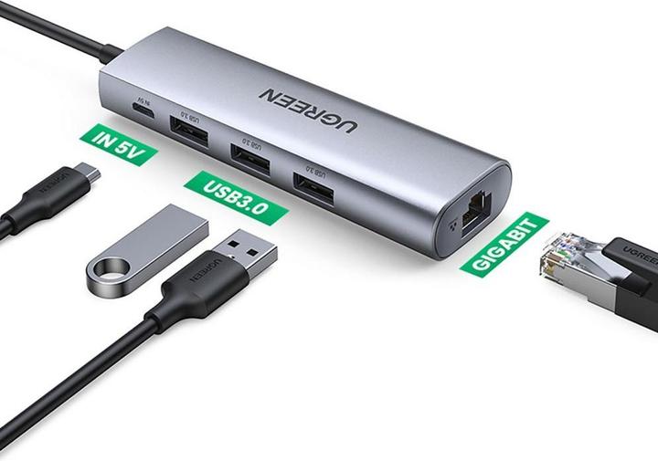 Actual product image Ugreen CM266 Hub Adapter 5in1 USB, 3x USB 3.0, micro USB, RJ45 (grey) (Micro USB, USB-A, 5 Ports)