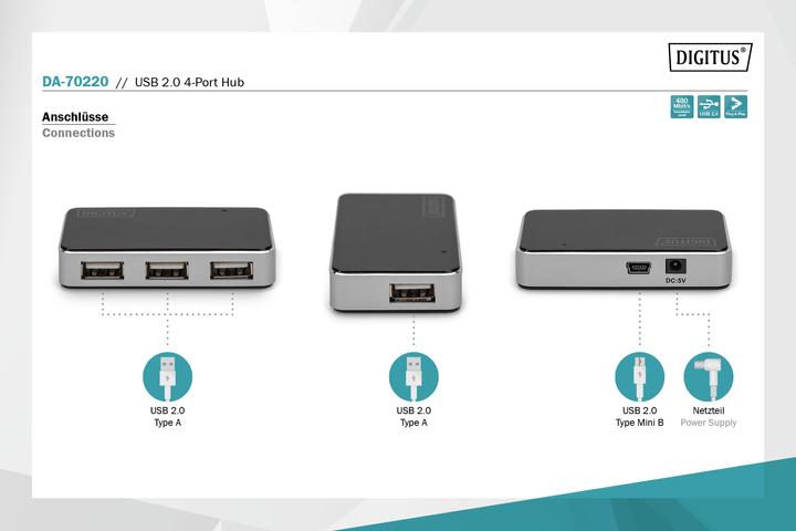 Actual product image Digitus USB 2.0 Hub (USB-A, 4 Ports)