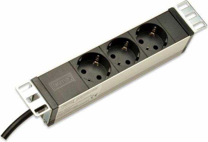 Actual product image Digitus Socket strip 3-fold 25.4cm 10 inch black incl. installation bracket (3 x, CEE 7/3, 2 m)
