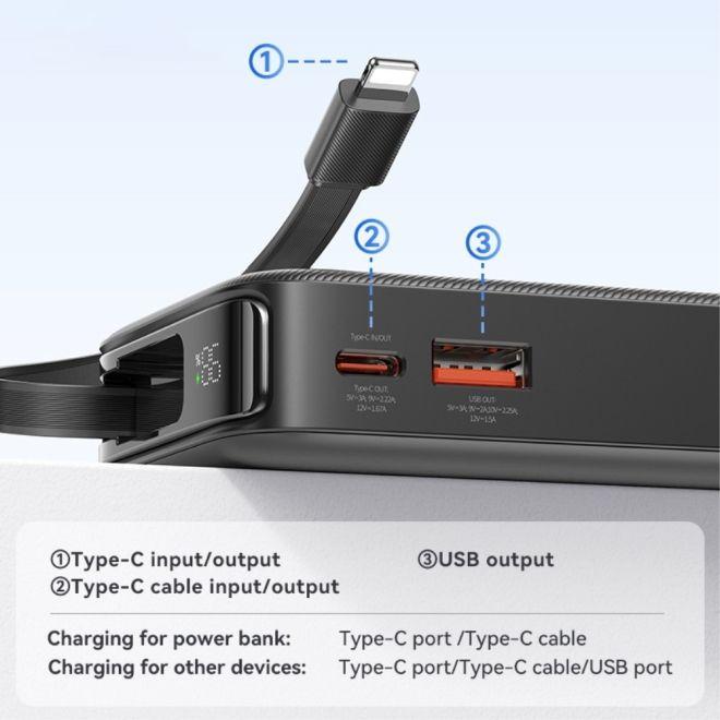 Actual product image Usams Powerbank ze zwijanym kablem USB-C Retractable 10000 mAh PD 20W Fast Charge XY Series czarny/b (10000 mAh, 50 W, 50 Wh)