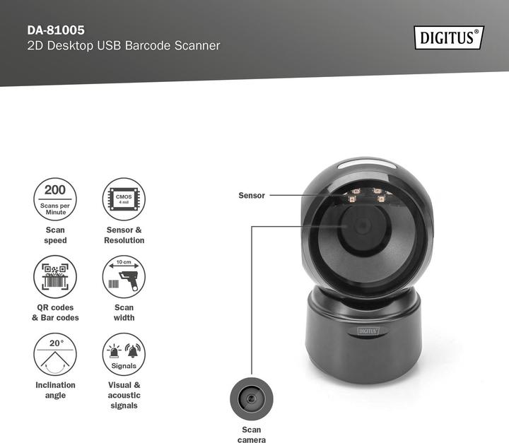 Produktbild Digitus 1D 2D Barcode Scanner Desktop (1D-Barcodes, 2D-Barcodes)
