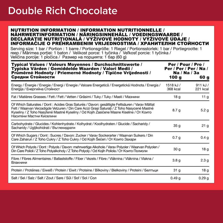 Valori nutrizionali e ingredienti Optimum Nutrition barretta proteica vegetale (12 x 60G) (Doppio ricco cioccolato, 12 pz., 720 g)