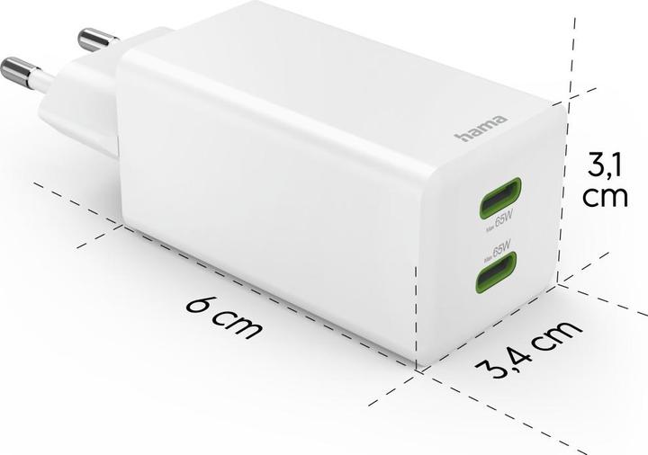 Actual product image Hama Fast charger, GaN, 2x USB-C, PD/Qualcomm®, mini charger, 65 W, white (65 W)