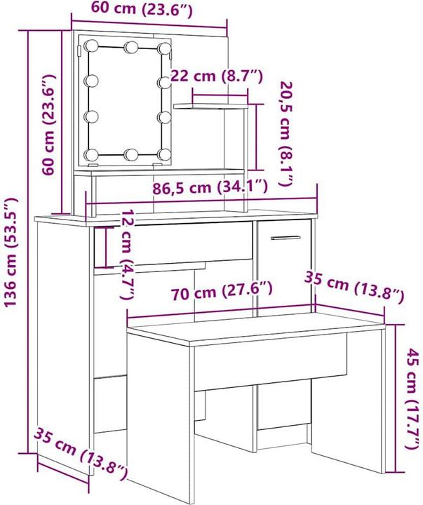 Actual product image VidaXL Schminktisch-Set mit LED-Leuchten Artisan-Eiche Holzwerkstoff (86.5 x 35 x 136 cm)