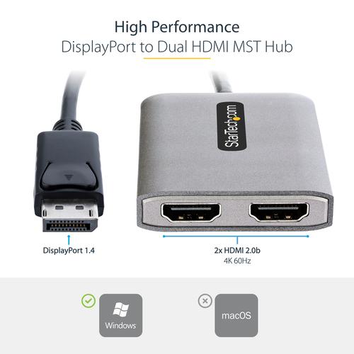 Produktbild StarTech com DP to Dual HDMI MST HUB - Dual HDMI 4K 60Hz - DisplayPort Multi Monitor Adapter with 1f (4.30 cm)