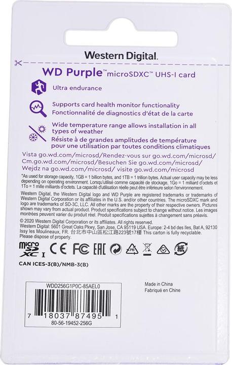 Actual product image WD Purple, Surveillance, microSD XC, Class - 10, UHS 1 (256 GB, microSDXC, U1, UHS-I)