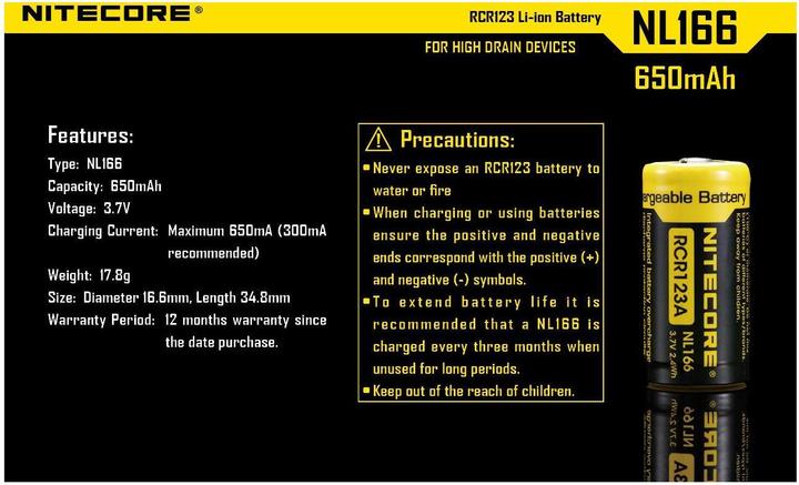 Image du produit Nitecore Batterie Li-Ion Type 16340 - NL166