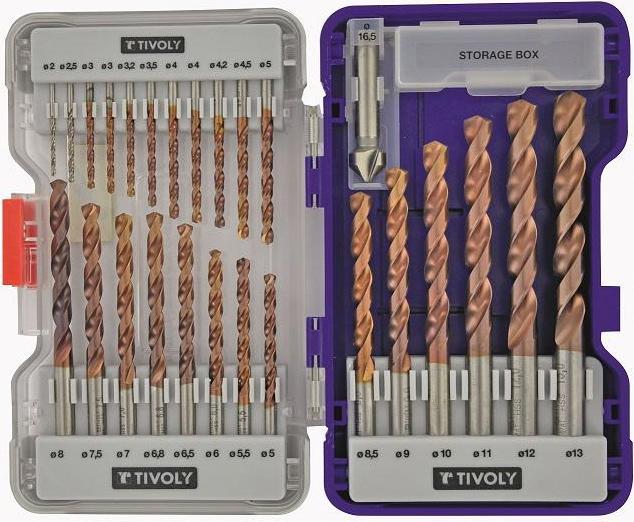 Actual product image Tivoly Metal drill set FURIUS HSS 26pcs Ø1-13mm, countersink 15 mm (2 mm, 4 mm, 3 mm, 4.2 mm, 7.5 mm, 16.5 mm, 9 mm, 12 mm, 3.5 mm, 5 mm, 3.2 mm, 8 mm, 7 mm, 6.5 mm, 5.5 mm, 4.5 mm, 6.8 mm, 8.5 mm, 11 mm, 10 mm, 6 mm, 2.5 mm, 13 mm)