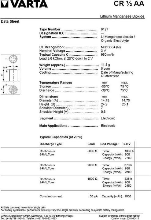 Image du produit Varta Pile CR1/2AA 6127 avec 3 Print Cosse à souder, contact positif 2, négatif 1 (1 pcs, CR 1/2AA, 950 mAh)