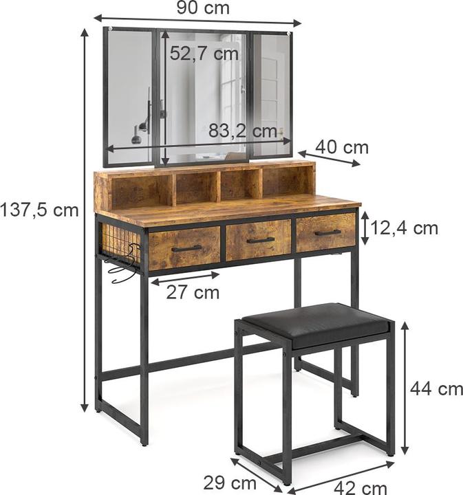 Produktbild Vichy Schminktisch Fyrk, Eiche rustikal, 90 cm mit Hocker und LED-Spiegel