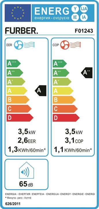 Label énergétique Furber Climatiseur FRESCO 120 m³ (48 m², 12000 BTU/h)