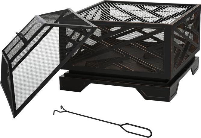 Produktbild Swisshandel24 Feuerschale mit Funkenschutz, Feuerkorb mit Grillrost & Schürhaken, 2-in-1 BBQ Grill, Metall, Schwar (66 cm)