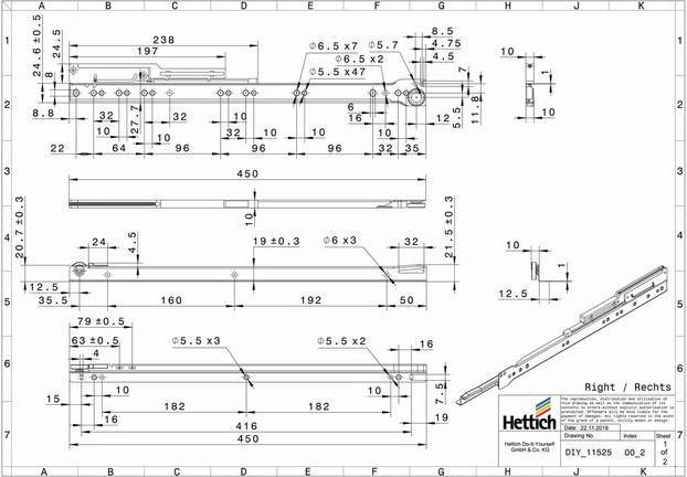 Actual product image Hettich Schubladenschiene Teilauszug Rollschubführung mit integrierter Dämpfung 450 mm weiss 2 Stück
