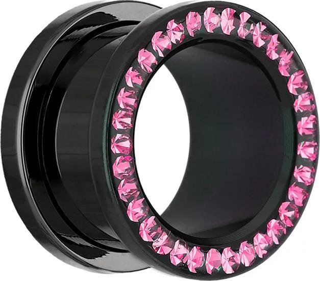 Star Piercing Flesh Tunnel schwarz mit Kristall pink und Epoxy Schutzschicht (ohne Messing, Chirurgenstahl 316L)