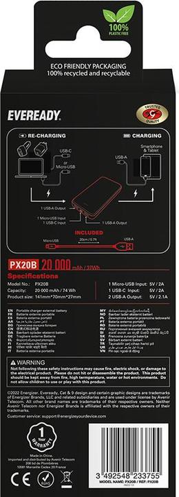 Actual product image Eveready PX20B - Powerbank 20000 mAh 2x USB-A (Black) (20000 mAh, 74000 Wh)
