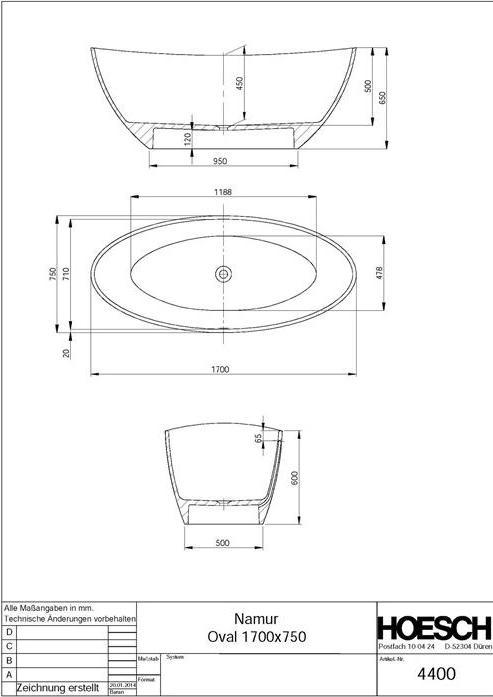 Produktbild Hoesch Badewanne NAMUR 1700x750x450mm freistehend we (265 l, 170 cm, 75 cm)