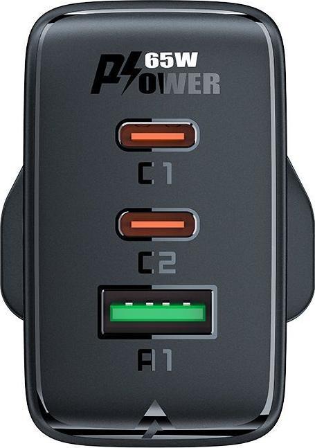 Produktbild Acefast charger GaN 65W 3 ports (1xUSB, 2xUSB C PD) UK plug black (A44) (65 W)