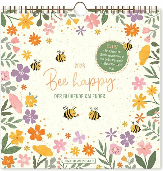 Wandkalender quadratisch 2026 Bee happy (20 x 20 cm, Deutsch)
