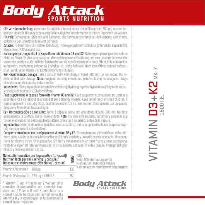 Produktbild Body Attack Vitamin D3 + K2 (30 Stück, Kapseln, 16.30 g)
