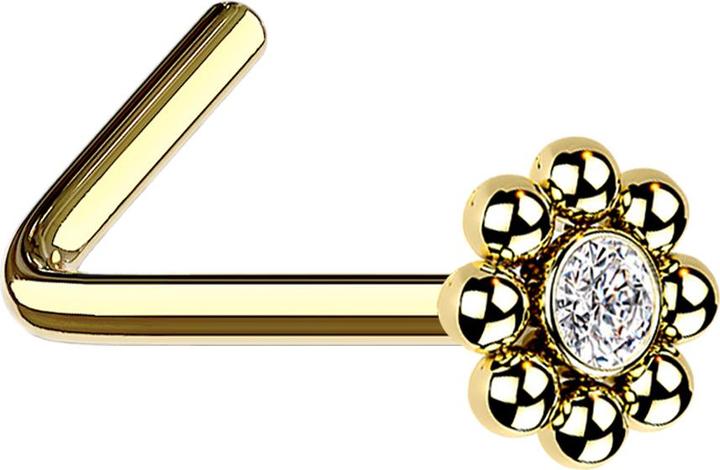 Produktbild Star Piercing Nasenstecker gewinkelt vergoldet Blume mit Kugeln und Kristall (Chirurgenstahl 316L, ohne Messing)