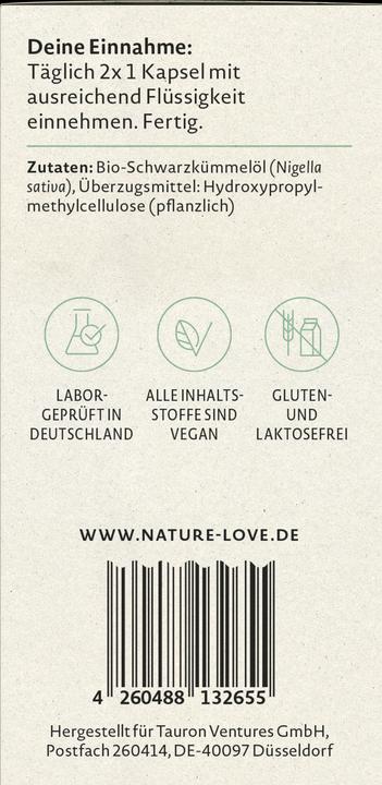 Valeurs nutritives et ingrédients Nature Love Huile de cumin noir (120 pièce(s), Capsules, 71 g)