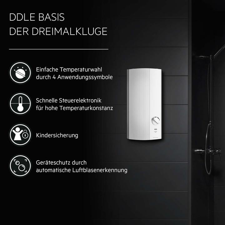 Produktbild AEG Haustechnik DDLE Basis 18 kW Elektronischer Durchlauferhitzer, Temperaturwahl durch Anwendungssymbole