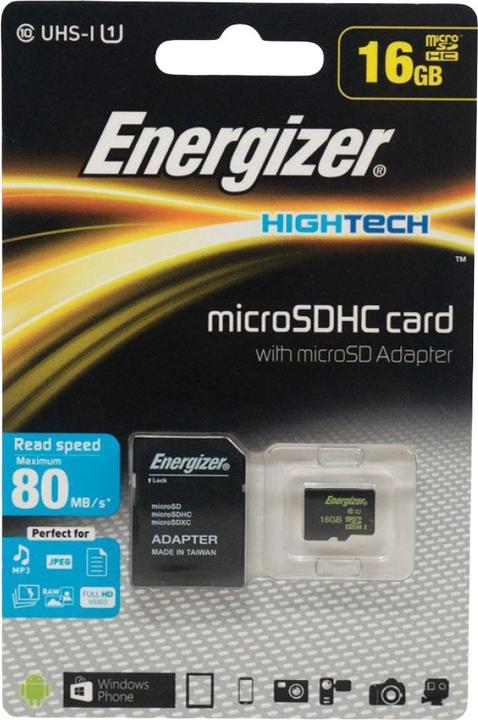 Image du produit Energizer High Tech 16GB Micro SDHC avec adaptateur Jusqu'à 80 MB/sec Jusqu'à 10 MB/sec (16 Go, microSDHC)