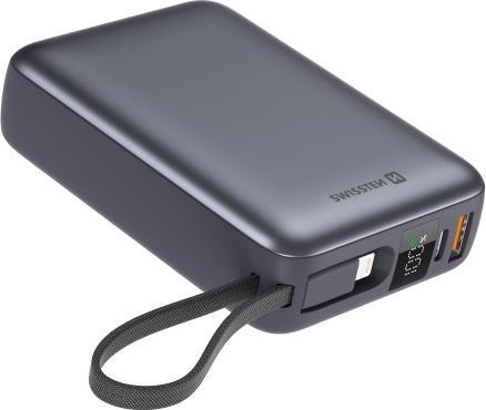 Actual product image Swissten Power Bank 20000 Mah with Built-In Cables USB-C and Lightning Space Silver (20000 mAh, 22.50 W, 22.50 Wh)