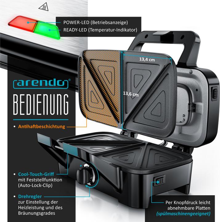 Image du produit Arendo Appareil à sandwichs Gaufrier Gril de contact avec plaques amovibles - avec revêtement antiadhésif