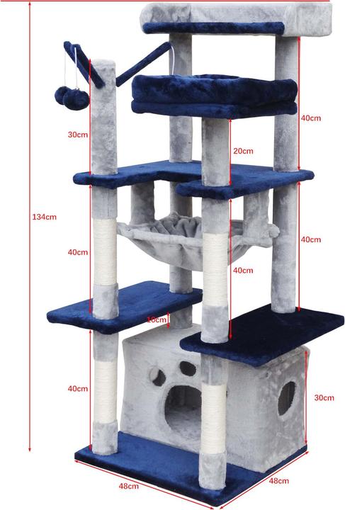 Actual product image Fudajo Cat Tree Light Grey Scratching Tree 134cm High Climbing Tree with Cat House and Hammock (134 cm, Light grey, Blue)