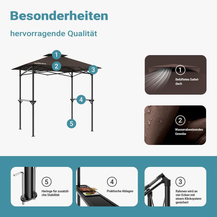 Produktbild Wiltec Grillpavillon Kaffee 245x152cm BBQ Pavillon Grillüberdachung Grillzelt (245 cm, 158 cm)
