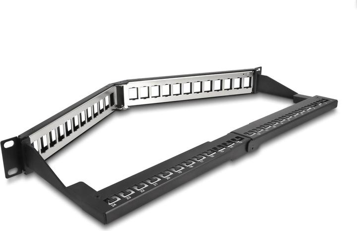 Produktbild Delock 48,30cm (19") Keystone Patchpanel 24 Port mit Entlastungsschiene 1 HE gewinkelt schwarz