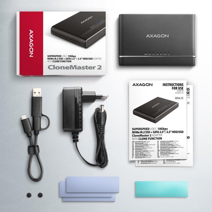 Produktbild Axagon ADSA-CC USB-C - NVMe M.2 SSD & SATA 2.5"/3.5" SSD/HDD CLONE MASTER (M.2 2242, M.2 2260)