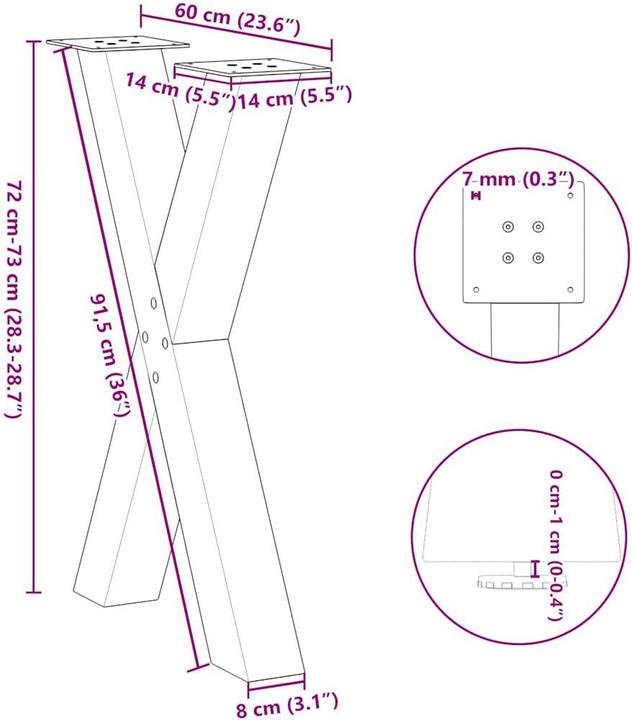 Actual product image VidaXL Dining table legs X-shape 2 pcs. black 60x(72-73) cm steel table leg