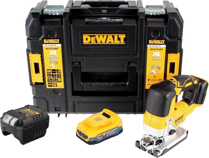 Produktbild DeWalt DCS 334 E1T Akku Pendelhub Stichsäge 18 V Brushless + 1x Powerstack Akku 1,7 Ah + Ladegerät