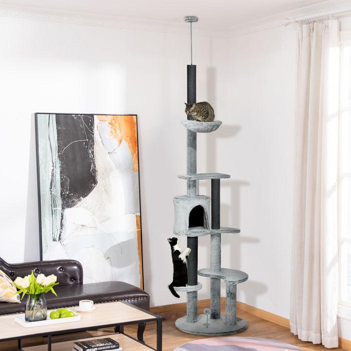 Produktbild Swisshandel24 Kratzbaum Deckenhoch, 225-255 cm mit Katzenhöhle, Kratzstämmen, Korb, Spielball, Grau (255 cm, Grau)