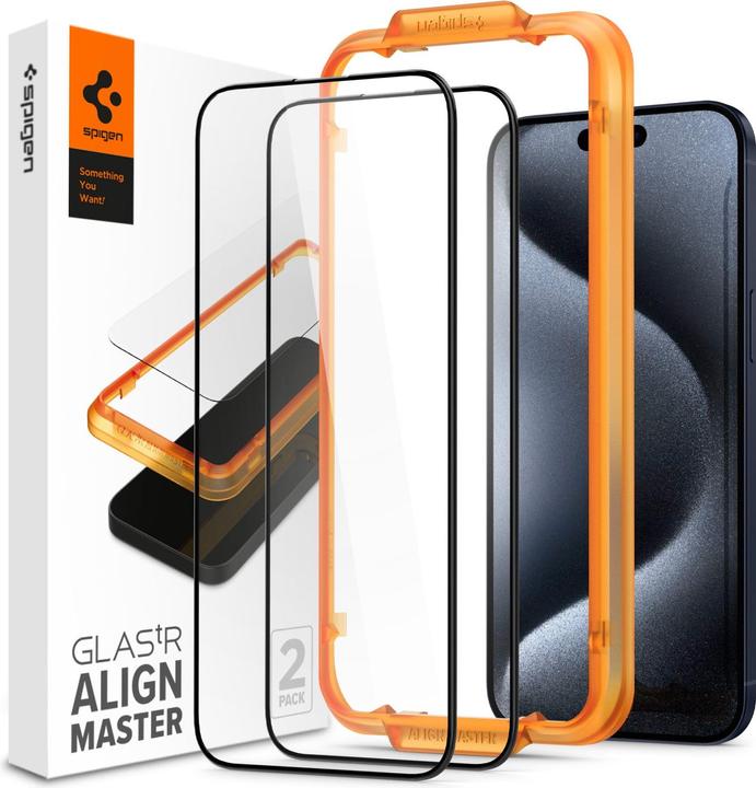 Spigen Confezione Da 2 Vetro Temperato Alm Glass Fc Iphone 15 Pro Nero (2 Pezzo/i, Apple iPhone 15 Pro)