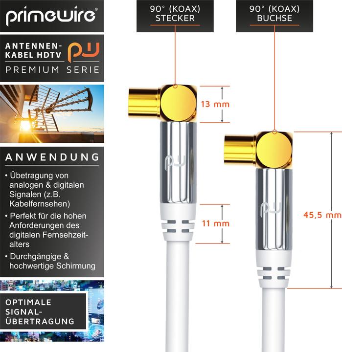 Actual product image Primewire Antenna Cable 90° Angled | HDTV Premium Coaxial Cable 135dB / 75 Ohm | FullHD / 4k Ultra HD (85 dB, Antenna cable)