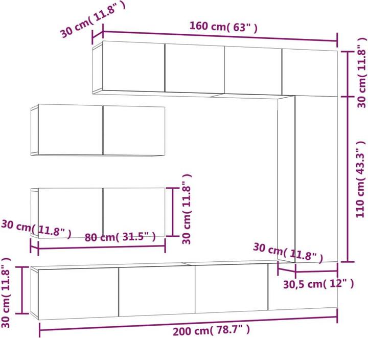 Actual product image VidaXL 7-piece TV cabinet set grey Sonoma wood-based material, colour: grey (30 x 30 x 30 cm)