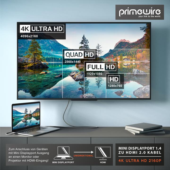 Produktbild Primewire Mini DisplayPort auf HDMI Typ A Kabel, 4k mDP 1.4 zu HDMI 2.0 Adapter, 4k@60Hz, Thunderbolt 1-2 (1 m, HDMI, Andere)