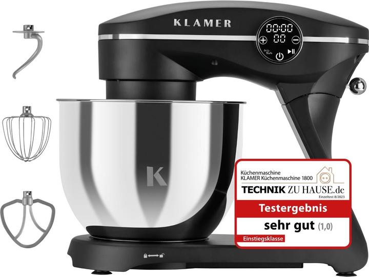 KLAMER Küchenmaschine, Knetmaschine mit 6 Liter Edelstahl Schüssel (1800 W)