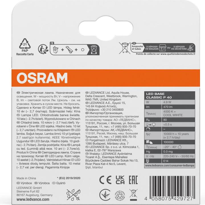 Produktbild Osram Led Base Classic P (E14, 4.90 W, 470 lm, 10 x, F)