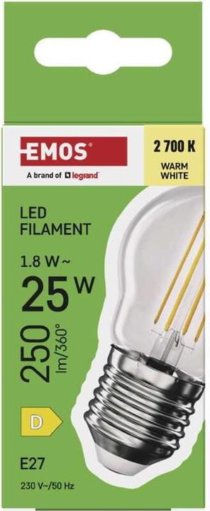 Immagine prodotto Emos Lampada LED a filamento Mini Globe / E27 / 1,8 W (25 W) / 250 lm / Bianco caldo (E27, 1.80 W, 250 lm, 1 x, D)
