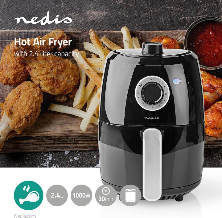 Actual product image Nedis Hot Air Fryer | 2.4 l | Timer: 30 min | Analogue | Aluminium / Black (EU plug)