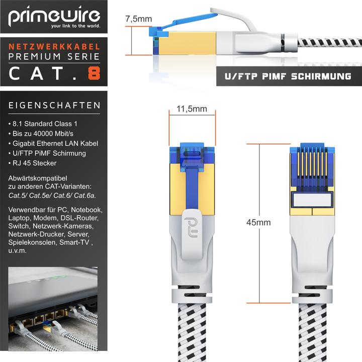 Produktbild Primewire CAT 8 Netzwerkkabel Flach Baumwollmantel - LAN Patchkabel Datenkabel - Flachbandkabel - Verlegekabel (U/FTP, CAT8.1, 0.25 m)