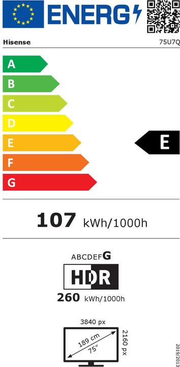 Energie-Label Hisense TV 75U7Q sw Mini LED-TV ULED UHD,Multituner,120Hz,Smart,D.Vision,HDR (75", U7QF, LED, UHD, 2025)