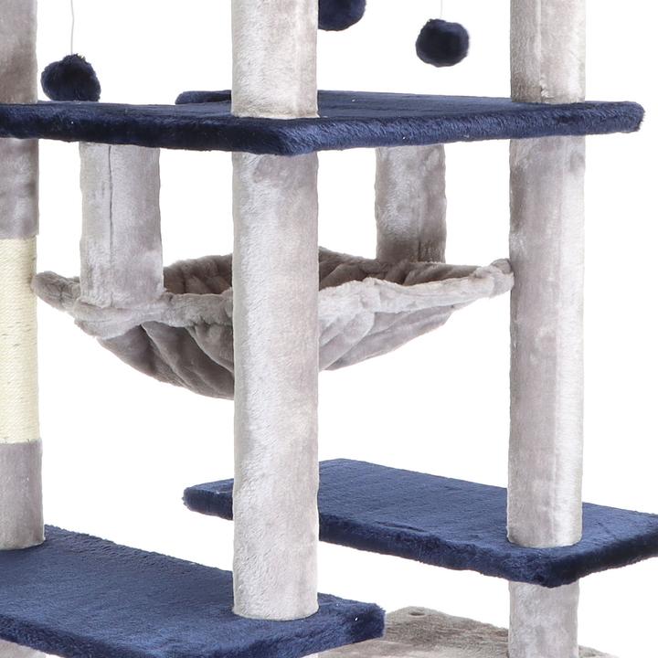 Actual product image Fudajo Cat Tree Light Grey Scratching Tree 134cm High Climbing Tree with Cat House and Hammock (134 cm, Light grey, Blue)