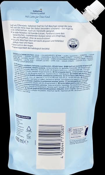 Valeurs nutritives et ingrédients dm babylove Recharge de gel lavant de la tête aux pieds